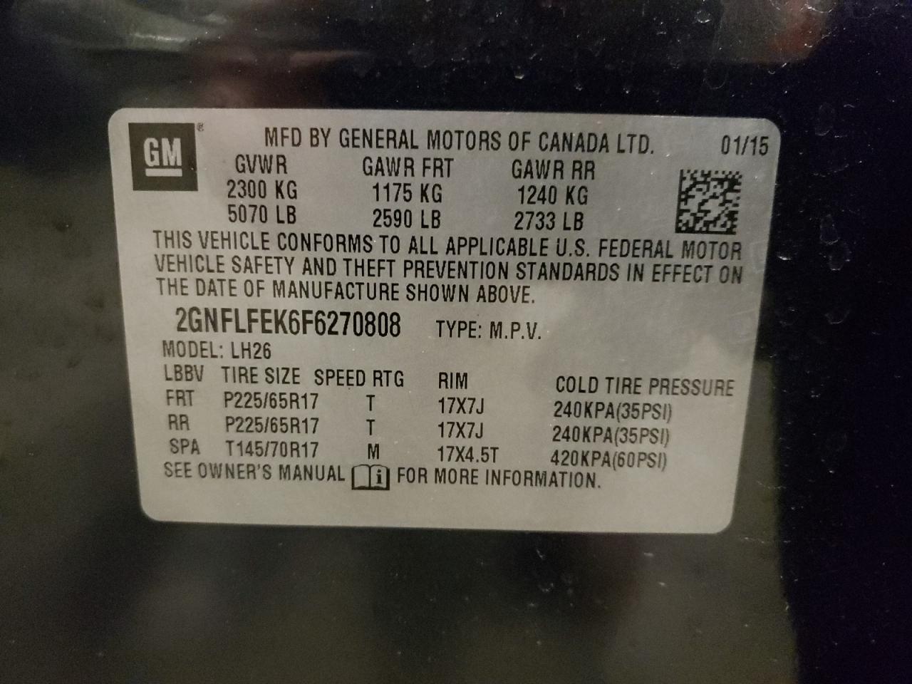 2GNFLFEK6F6270808 2015 Chevrolet Equinox Lt