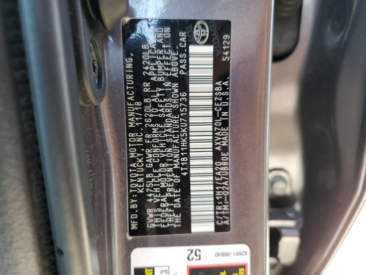 4T1B11HK5KU715736 2019 Toyota Camry L