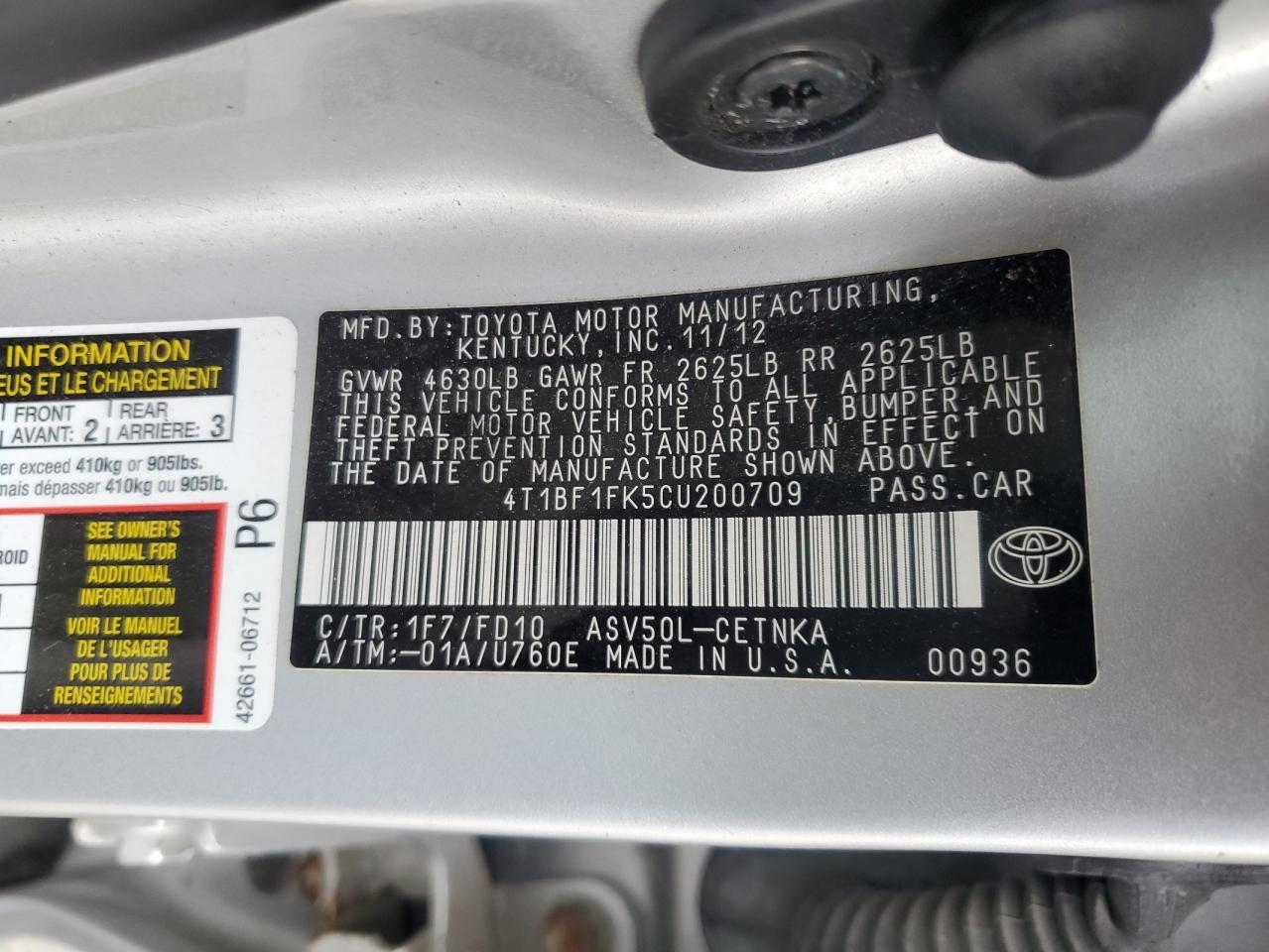 4T1BF1FK5CU200709 2012 Toyota Camry Base