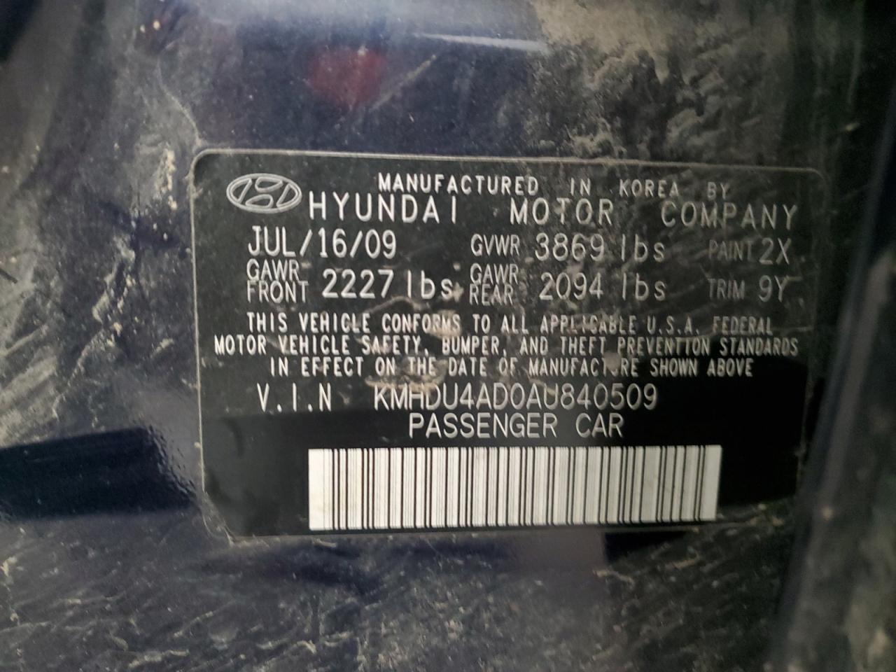 KMHDU4AD0AU840509 2010 Hyundai Elantra Blue