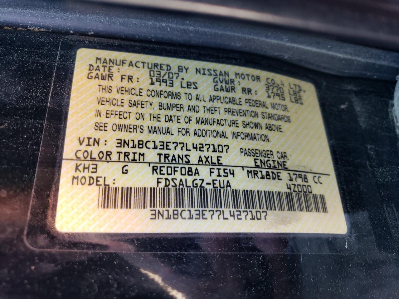 3N1BC13E77L427107 2007 Nissan Versa S