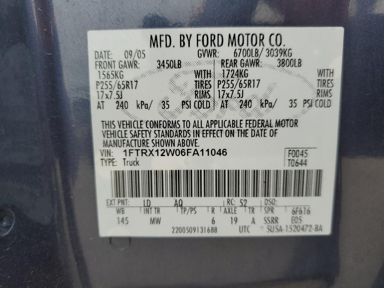 1FTRX12W06FA11046 2006 Ford F150