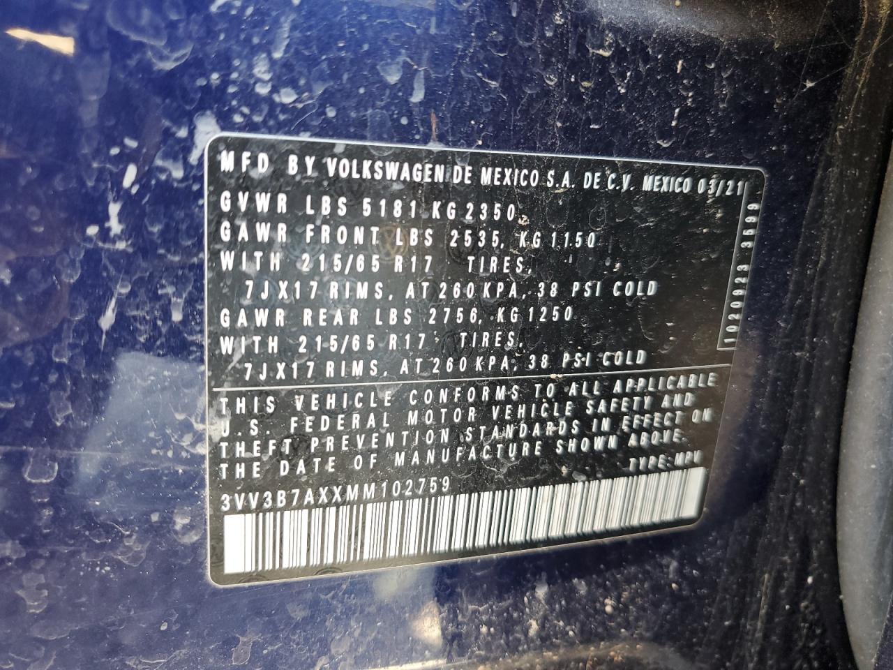 3VV3B7AXXMM102759 2021 Volkswagen Tiguan Se