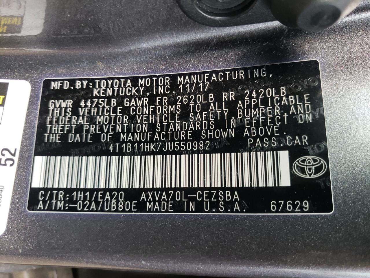 4T1B11HK7JU550982 2018 Toyota Camry L