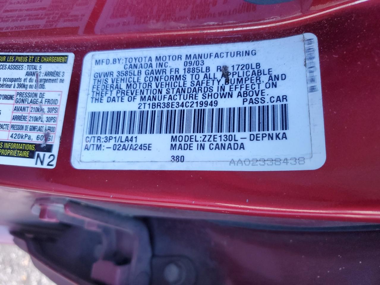 2T1BR38E34C219949 2004 Toyota Corolla Ce