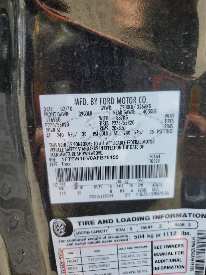 1FTFW1EV0AFB75155 2010 Ford F150 Supercrew