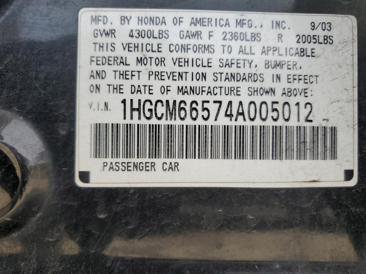 1HGCM66574A005012 2004 Honda Accord Ex