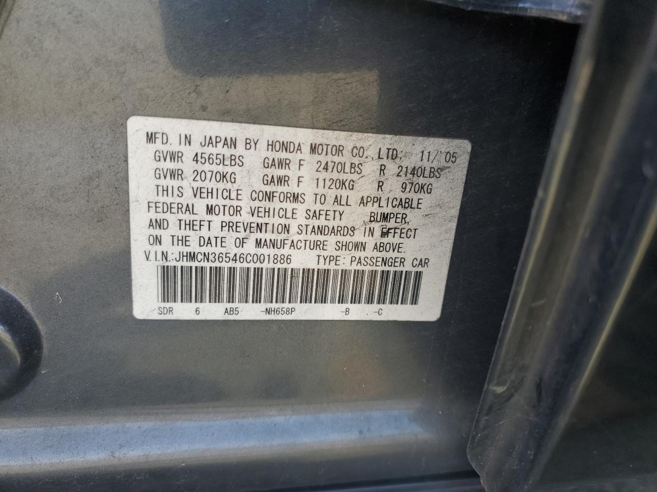JHMCN36546C001886 2006 Honda Accord Hybrid