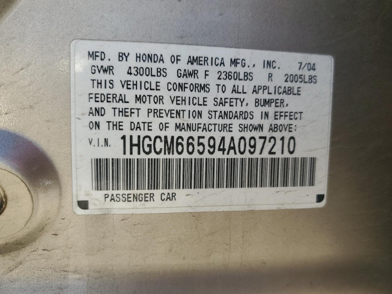 1HGCM66594A097210 2004 Honda Accord Ex