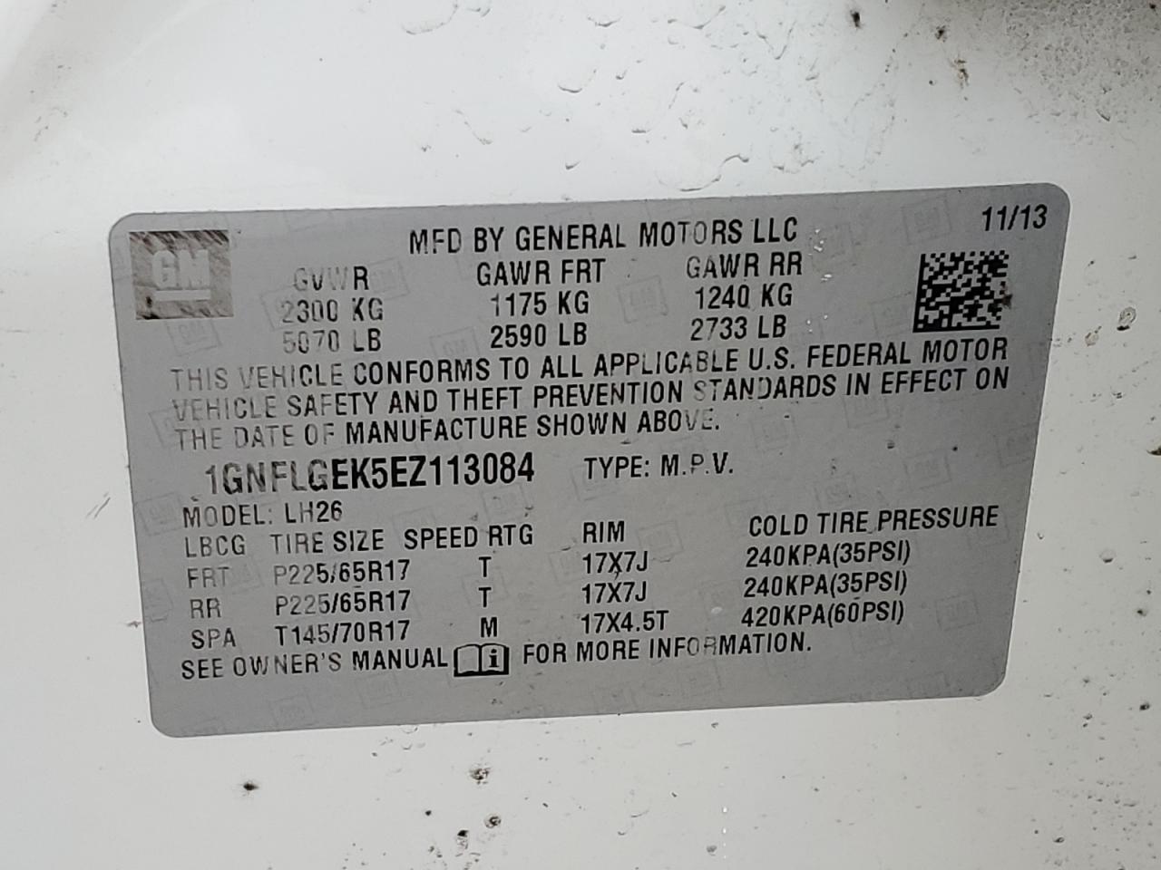 1GNFLGEK5EZ113084 2014 Chevrolet Equinox Lt