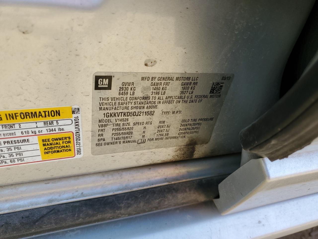 1GKKVTKD5DJ211582 2013 GMC Acadia Denali