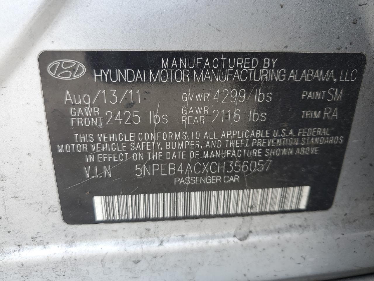 5NPEB4ACXCH356057 2012 Hyundai Sonata Gls