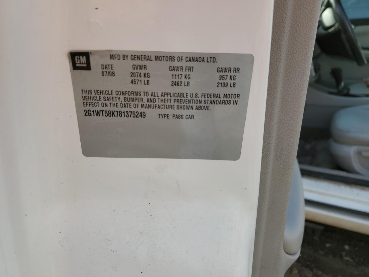 2G1WT58K781375249 2008 Chevrolet Impala Lt