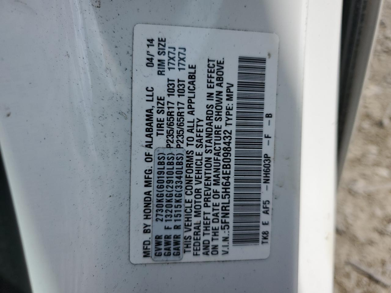 5FNRL5H64EB098432 2014 Honda Odyssey Exl