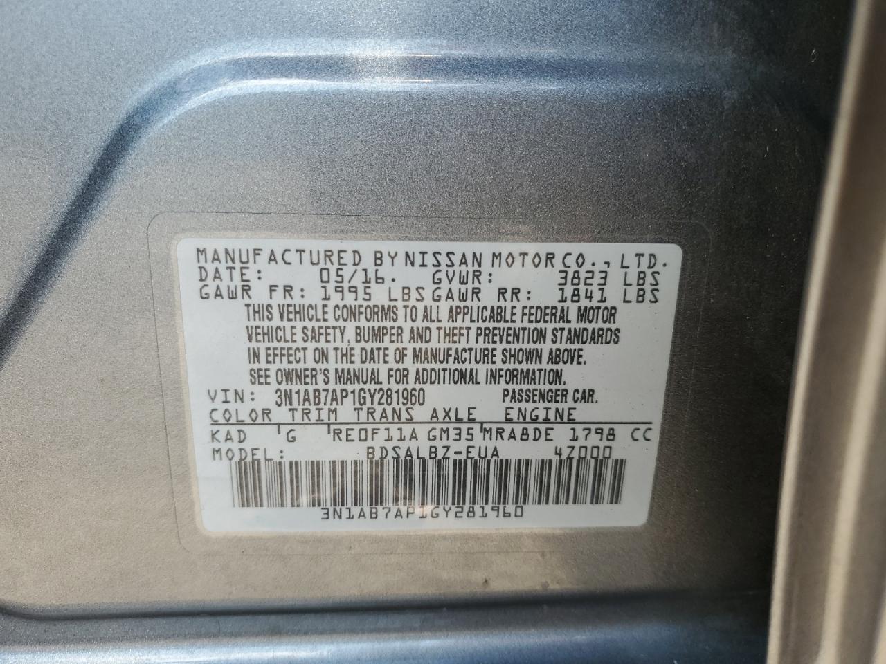3N1AB7AP1GY281960 2016 Nissan Sentra S 3N1AB7AP1GY281960 2016 Nissan Sentra S