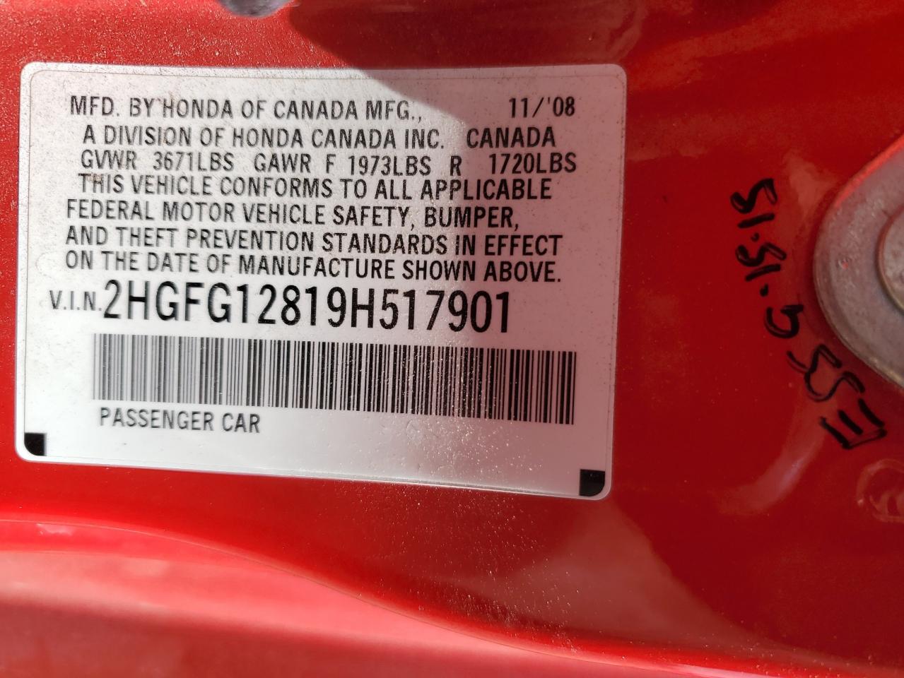 2HGFG12819H517901 2009 Honda Civic Ex