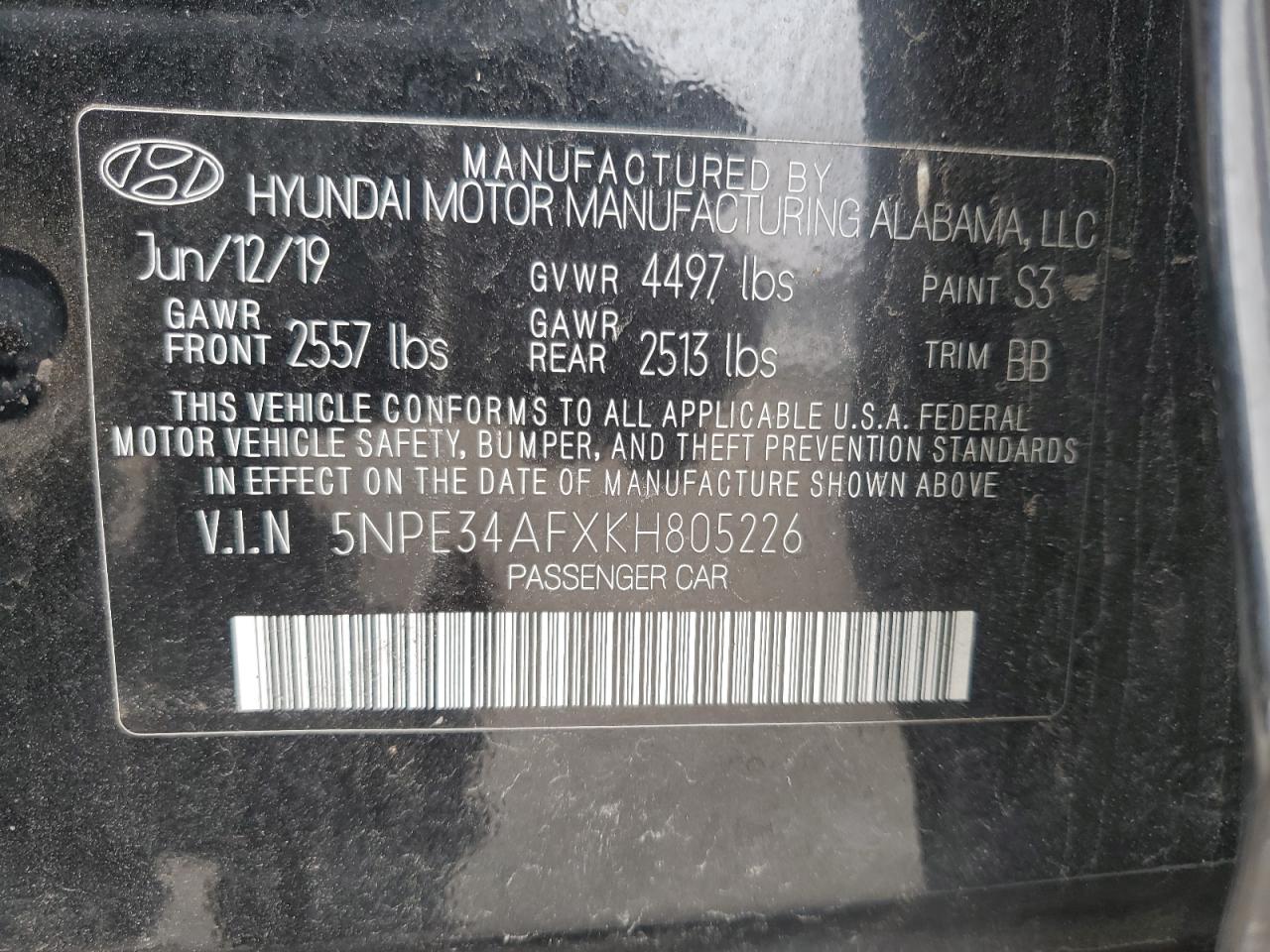 5NPE34AFXKH805226 2019 Hyundai Sonata Limited