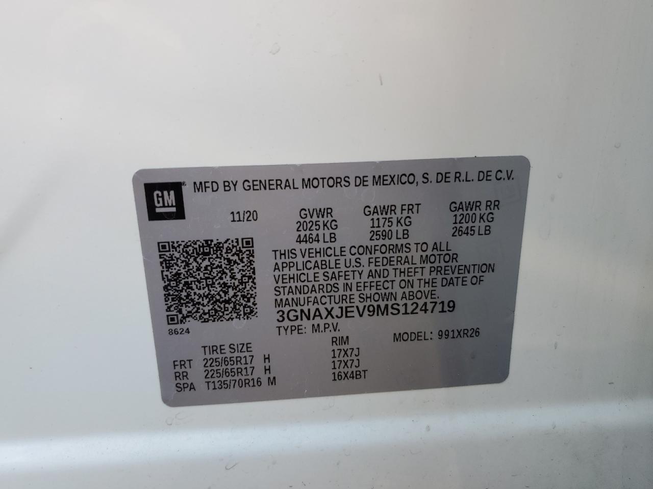 3GNAXJEV9MS124719 2021 Chevrolet Equinox Lt