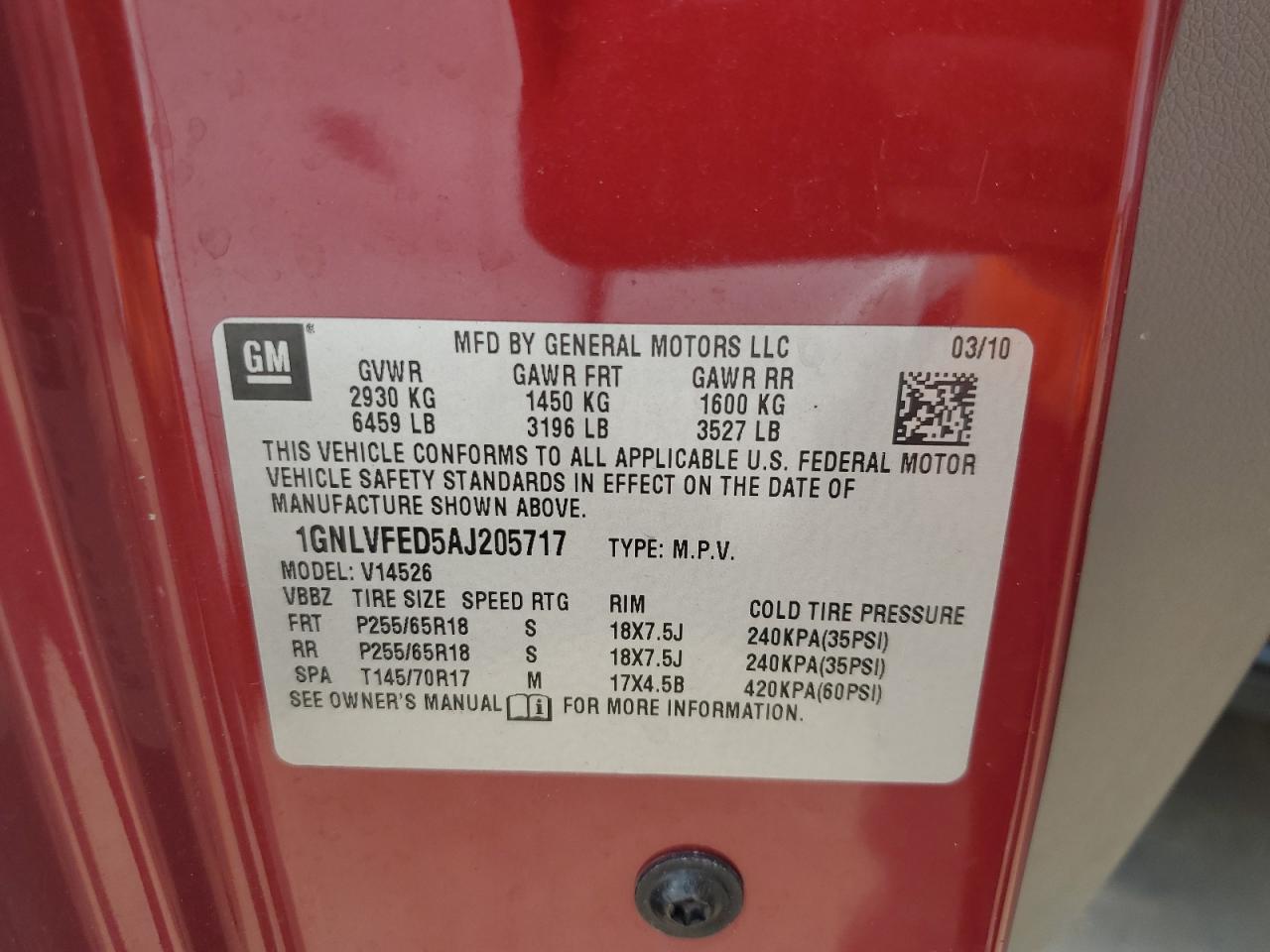 1GNLVFED5AJ205717 2010 Chevrolet Traverse Lt