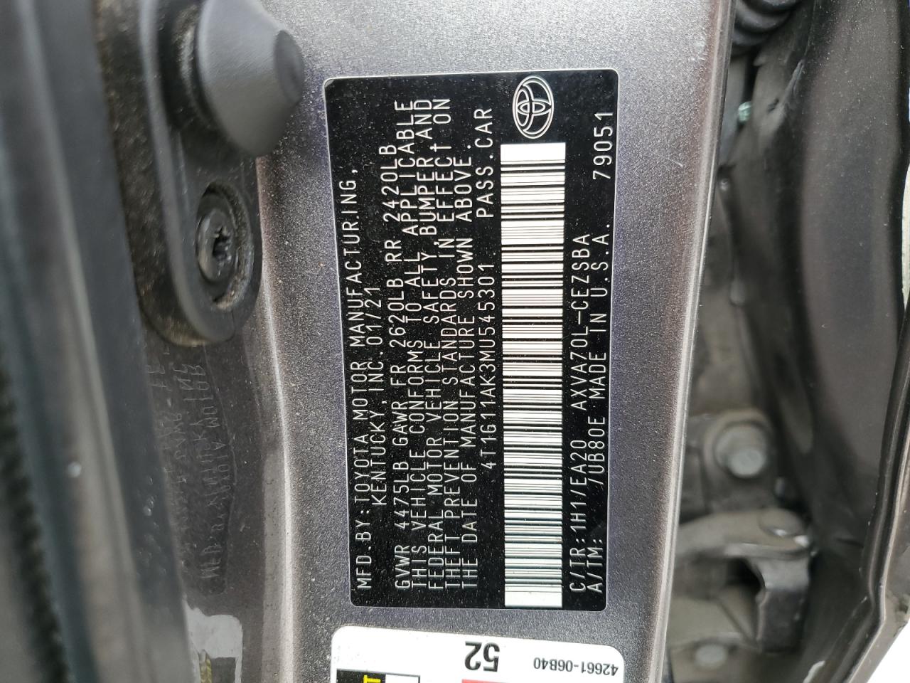 4T1G11AK3MU545301 2021 Toyota Camry Se