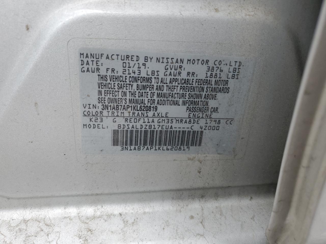 3N1AB7AP1KL620819 2019 Nissan Sentra S