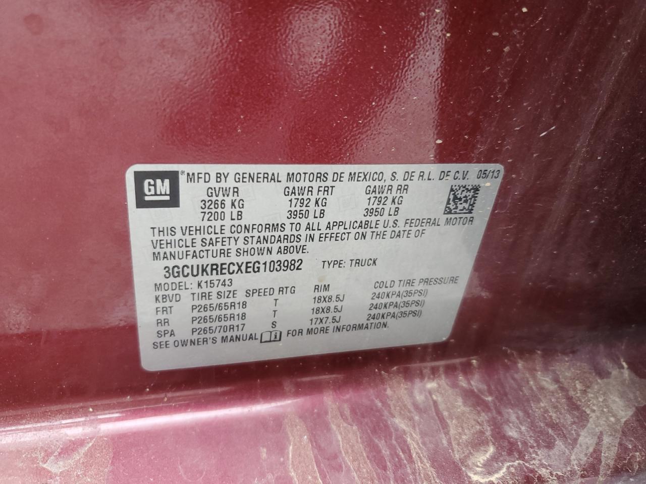 3GCUKRECXEG103982 2014 Chevrolet Silverado K1500 Lt