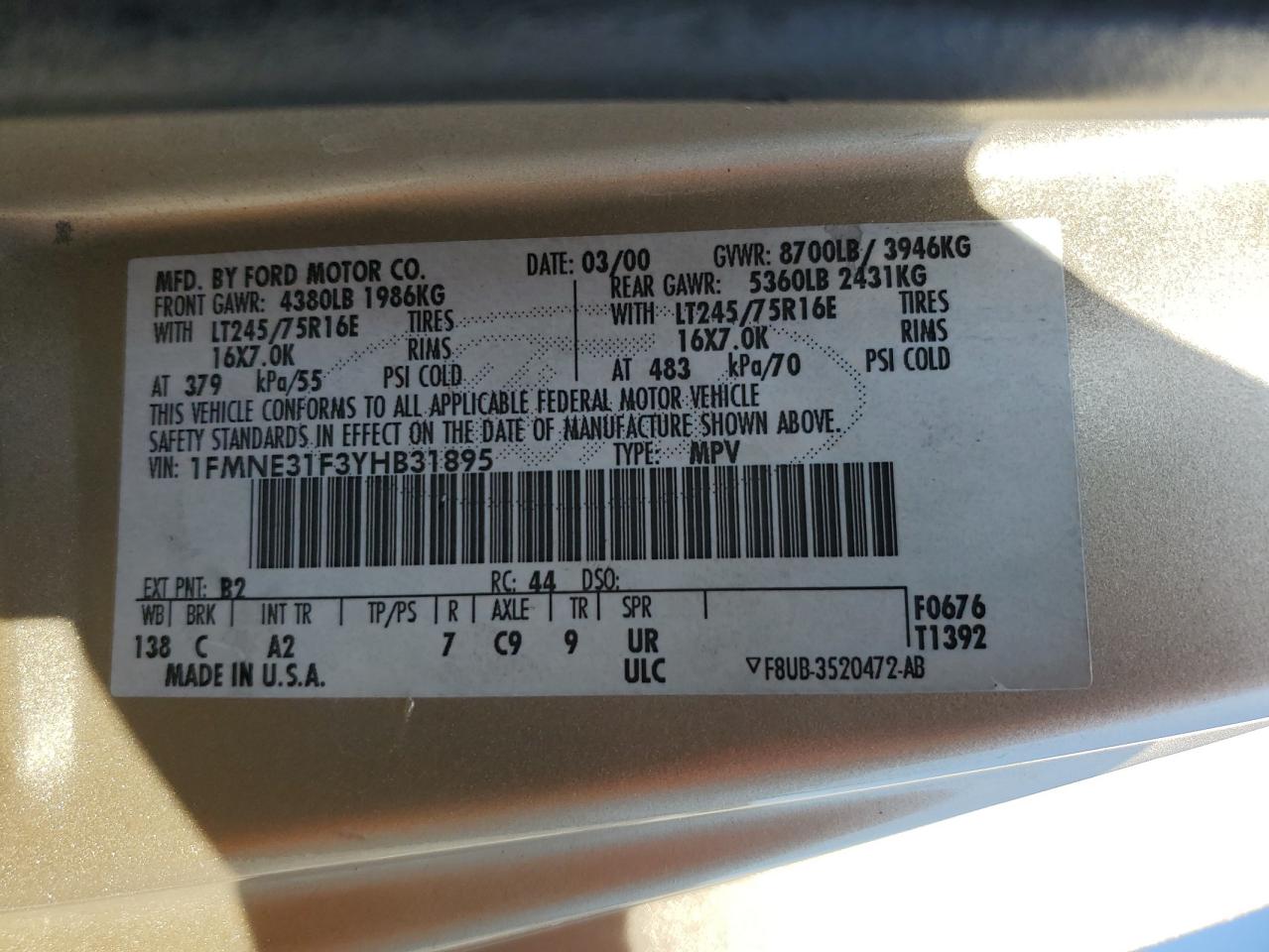 1FMNE31F3YHB31895 2000 Ford Econoline E350 Super Duty Wagon