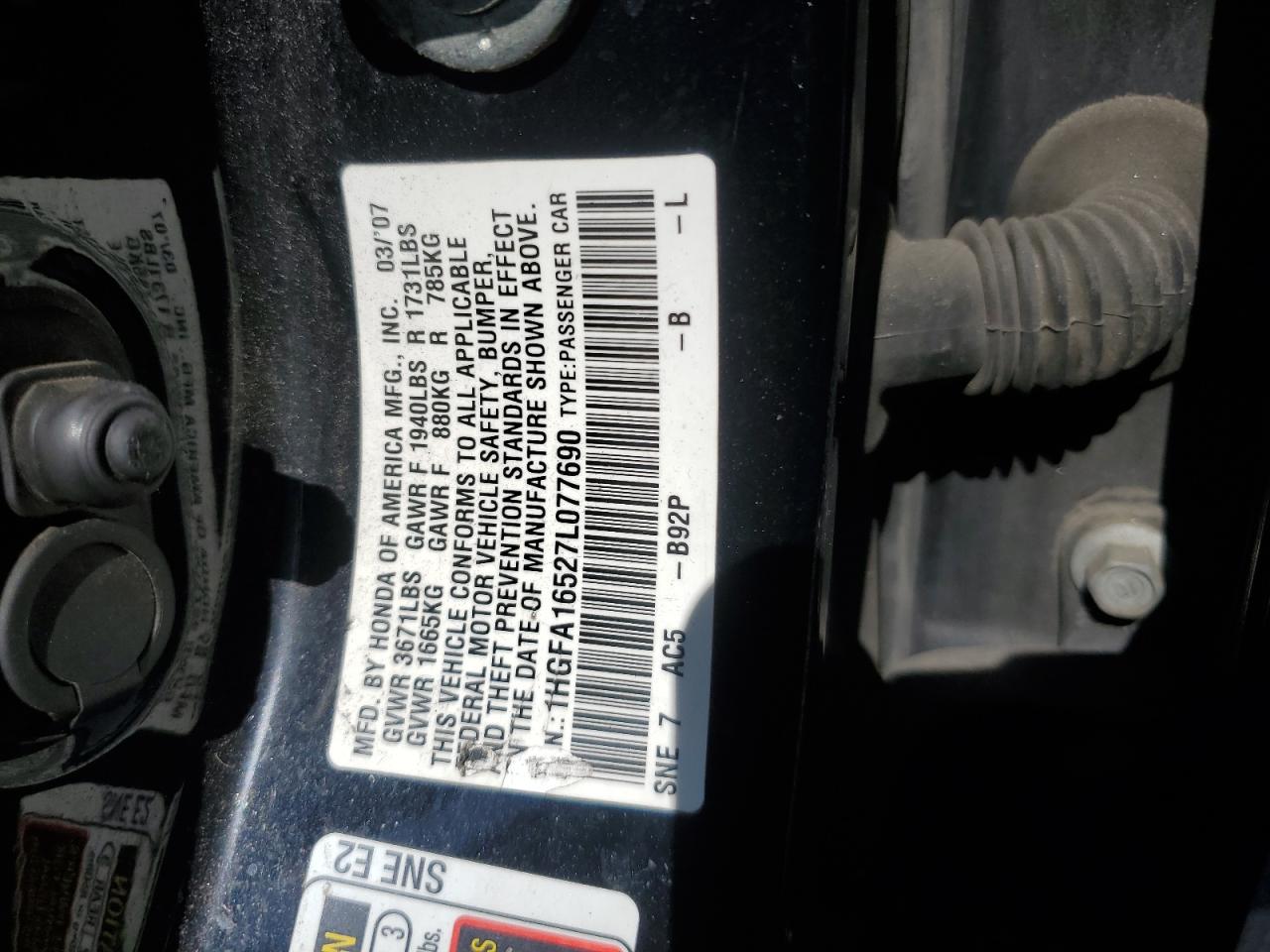 1HGFA16527L077690 2007 Honda Civic Lx