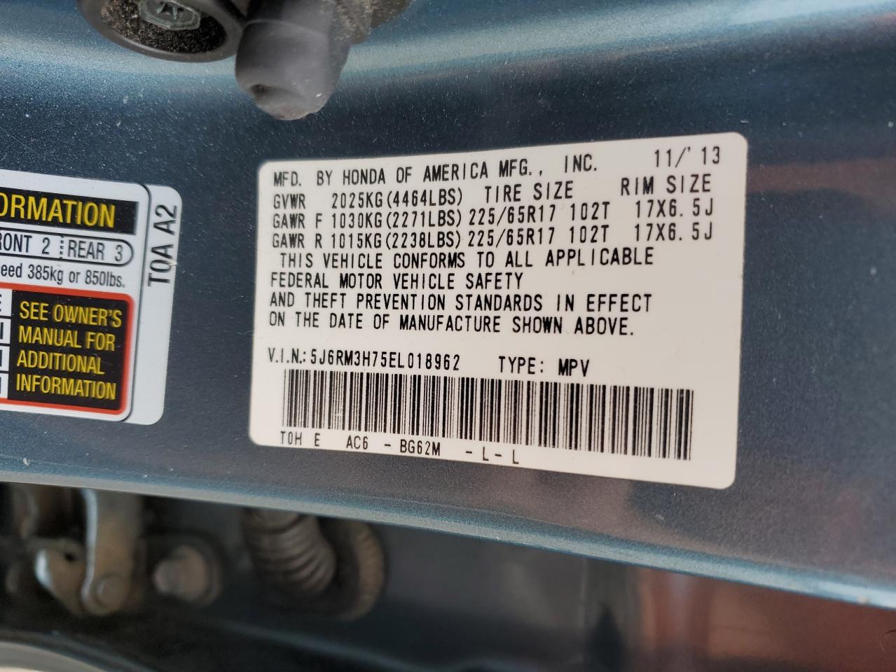 5J6RM3H75EL018962 2014 Honda Cr-V Exl