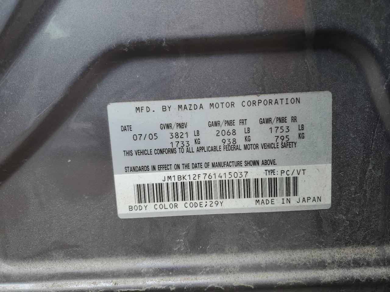 JM1BK12F761415037 2006 Mazda 3 I