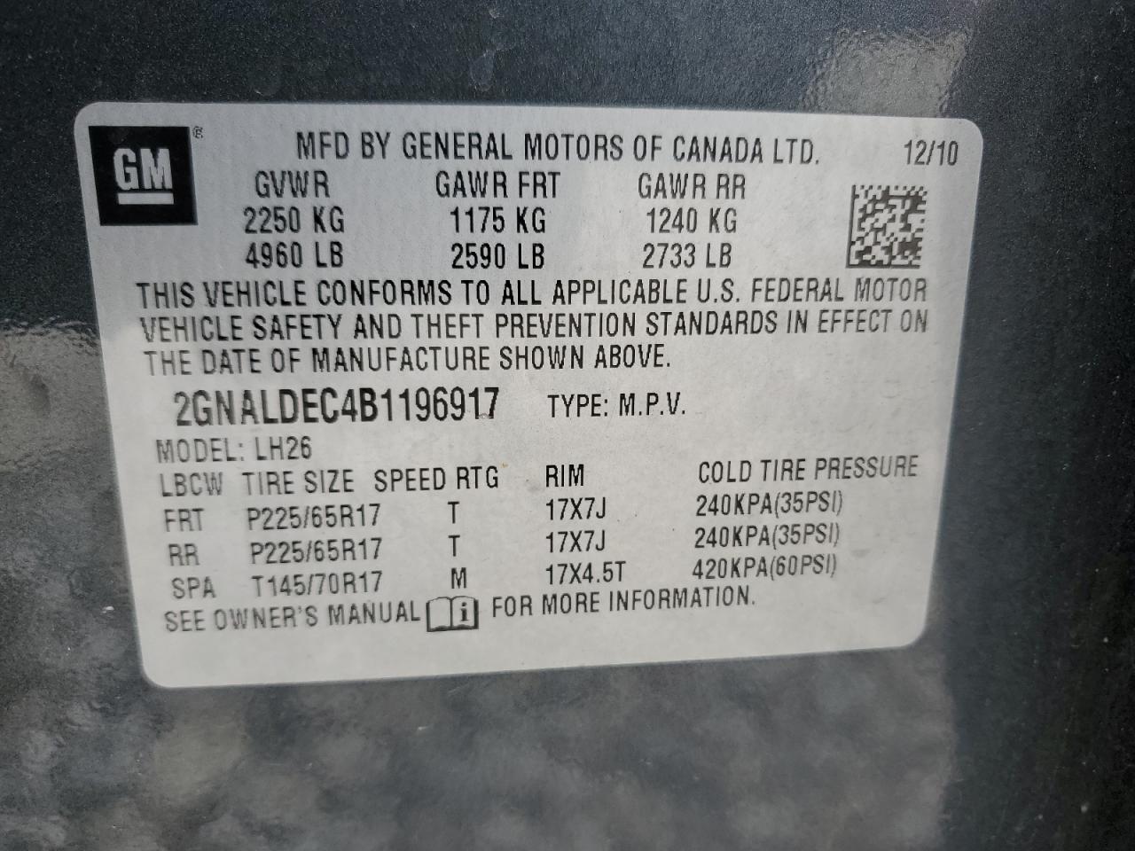 2GNALDEC4B1196917 2011 Chevrolet Equinox Lt