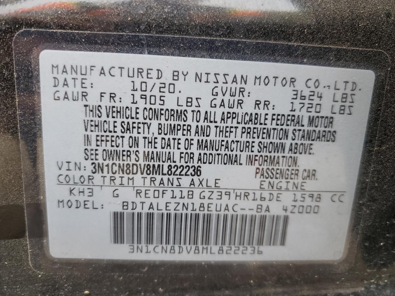 3N1CN8DV8ML822236 2021 Nissan Versa S