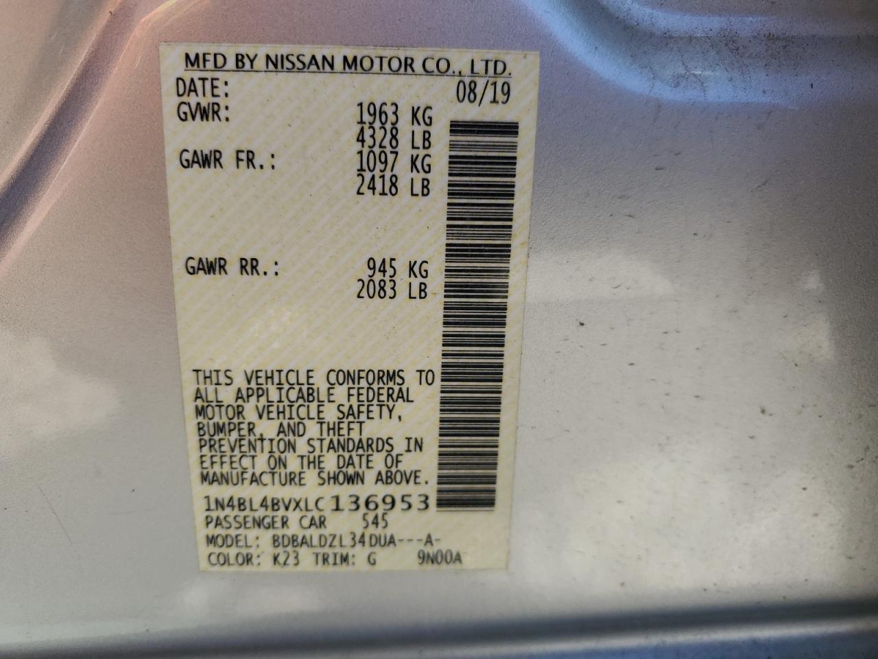 Lot #3203038824 2020 NISSAN ALTIMA S