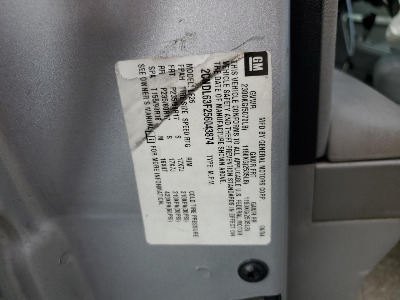 2CNDL63F256043874 2005 Chevrolet Equinox Lt