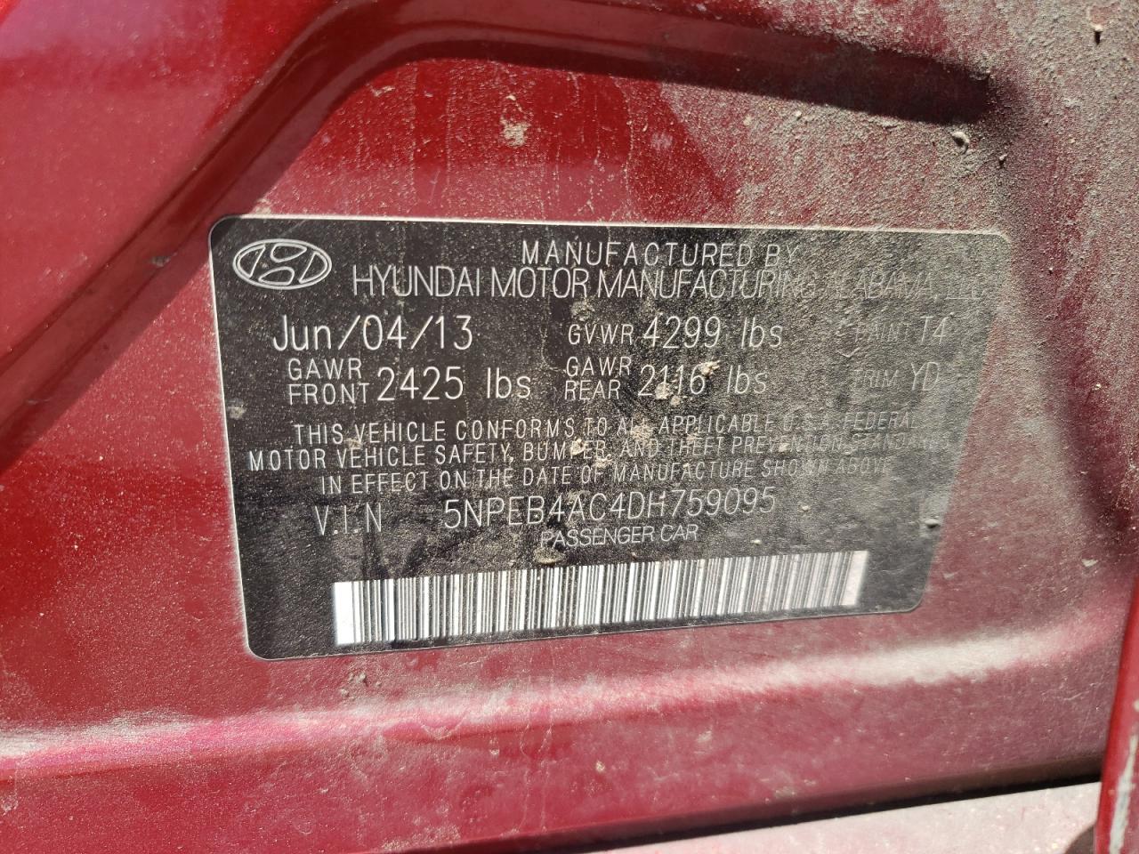 5NPEB4AC4DH759095 2013 Hyundai Sonata Gls