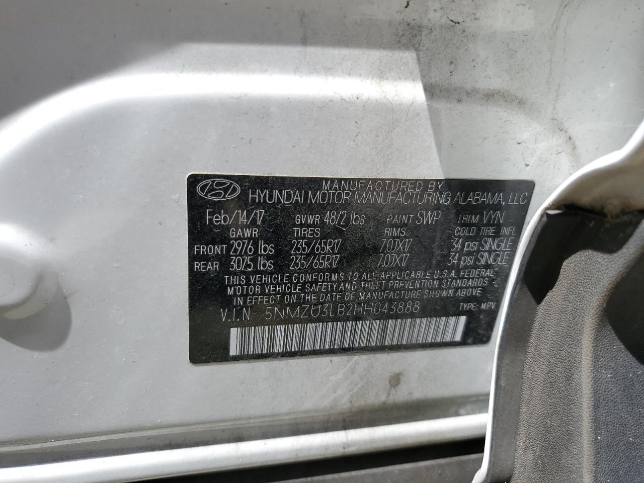 5NMZU3LB2HH043888 2017 Hyundai Santa Fe Sport