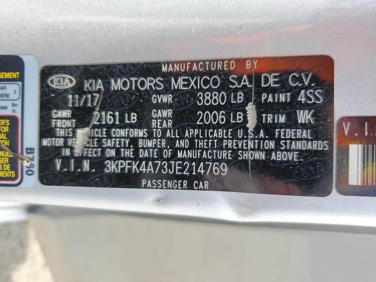 3KPFK4A73JE214769 2018 Kia Forte Lx