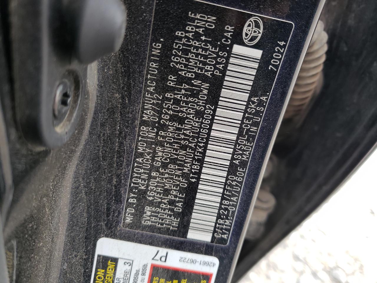 4T1BF1FK4CU606092 2012 Toyota Camry Base