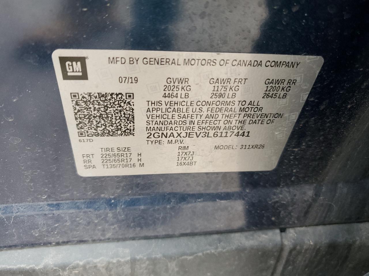 2GNAXJEV3L6117441 2020 Chevrolet Equinox Lt