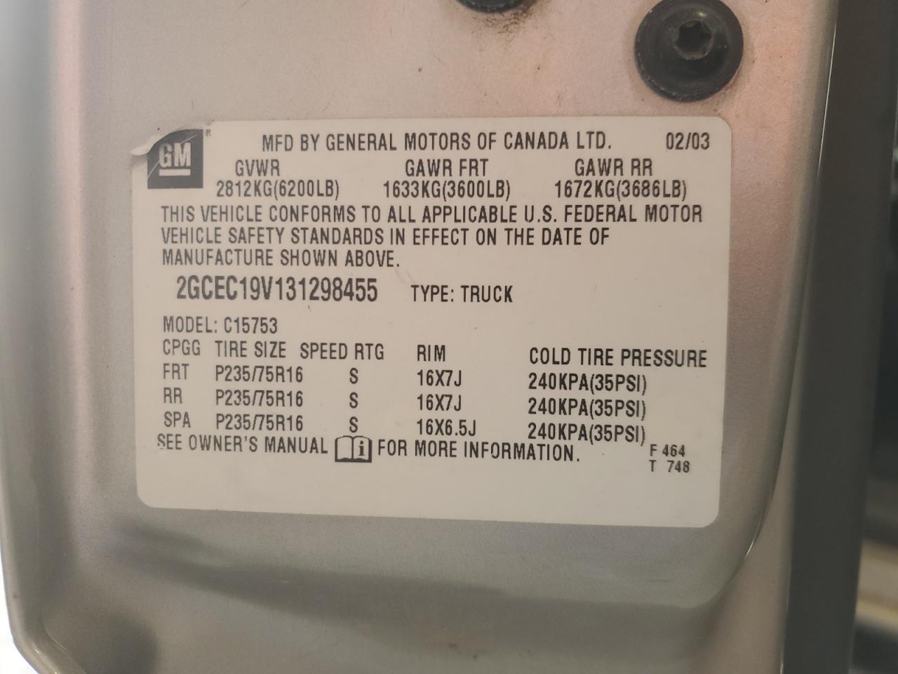 2GCEC19V131298455 2003 Chevrolet Silverado C1500