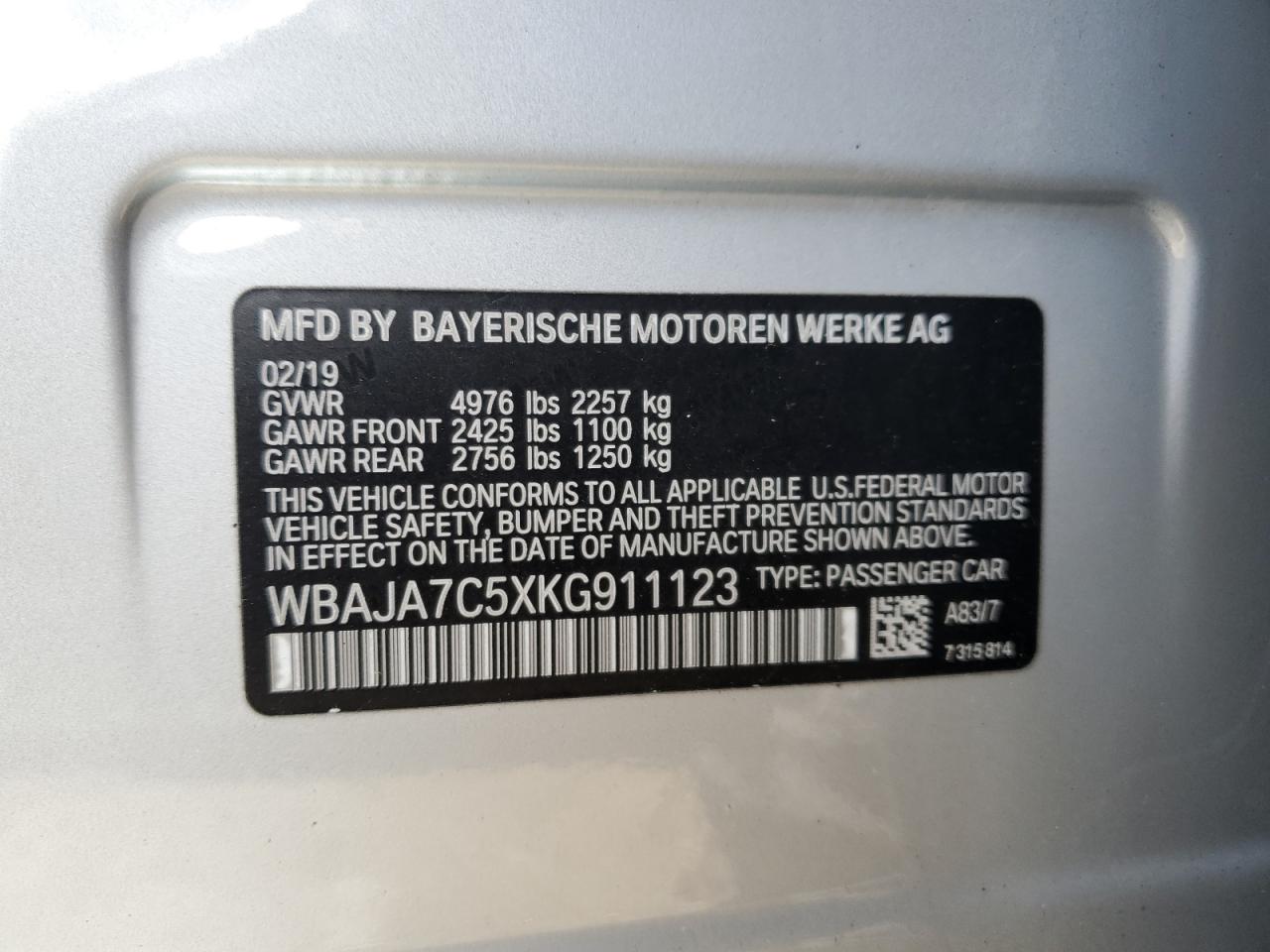 WBAJA7C5XKG911123 2019 BMW 530 Xi
