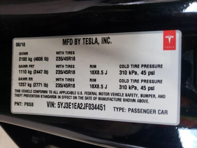 2018 Tesla Model 3 VIN: 5YJ3E1EA2JF034451 Lot: 50651144