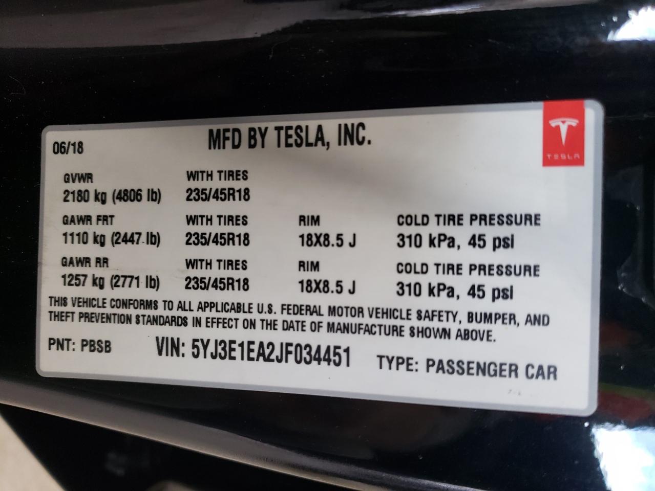 5YJ3E1EA2JF034451 2018 Tesla Model 3