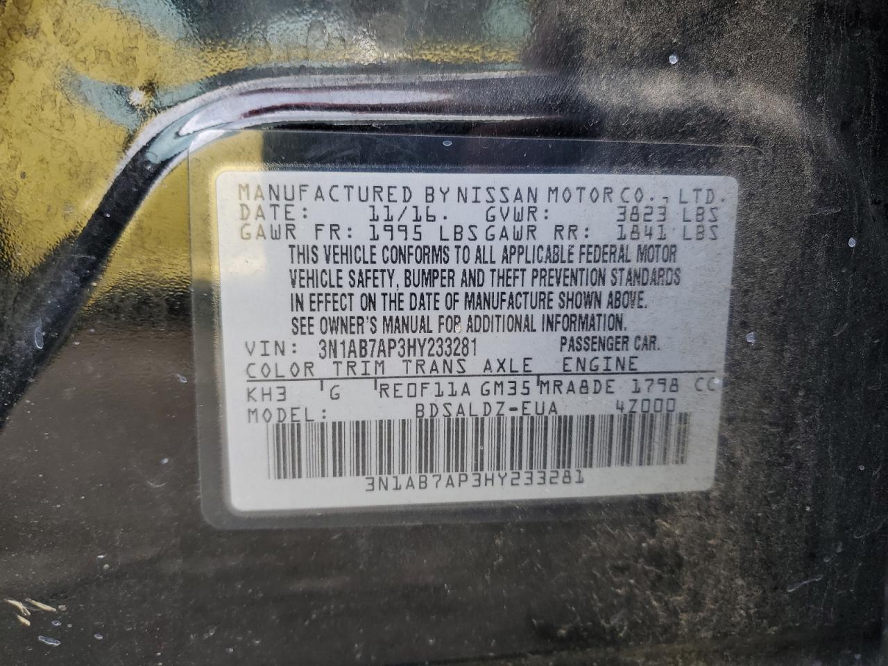 3N1AB7AP3HY233281 2017 Nissan Sentra S