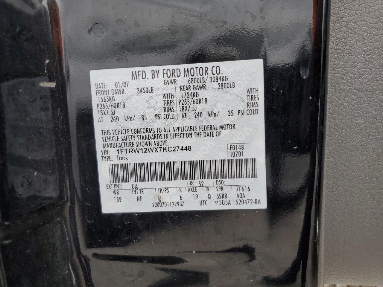 1FTRW12WX7KC27448 2007 Ford F150 Supercrew