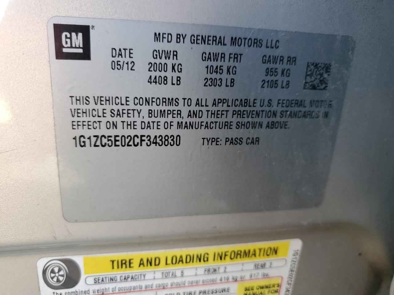 1G1ZC5E02CF343830 2012 Chevrolet Malibu 1Lt