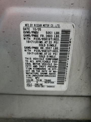 2006 Nissan Murano Sl VIN: JN8AZ08W16W503260 Lot: 52803824