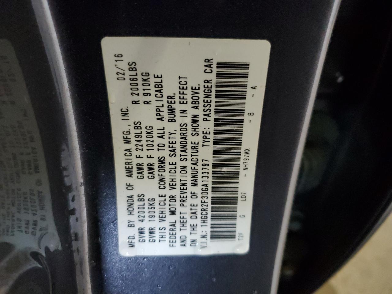 1HGCR2F30GA133797 2016 Honda Accord Lx