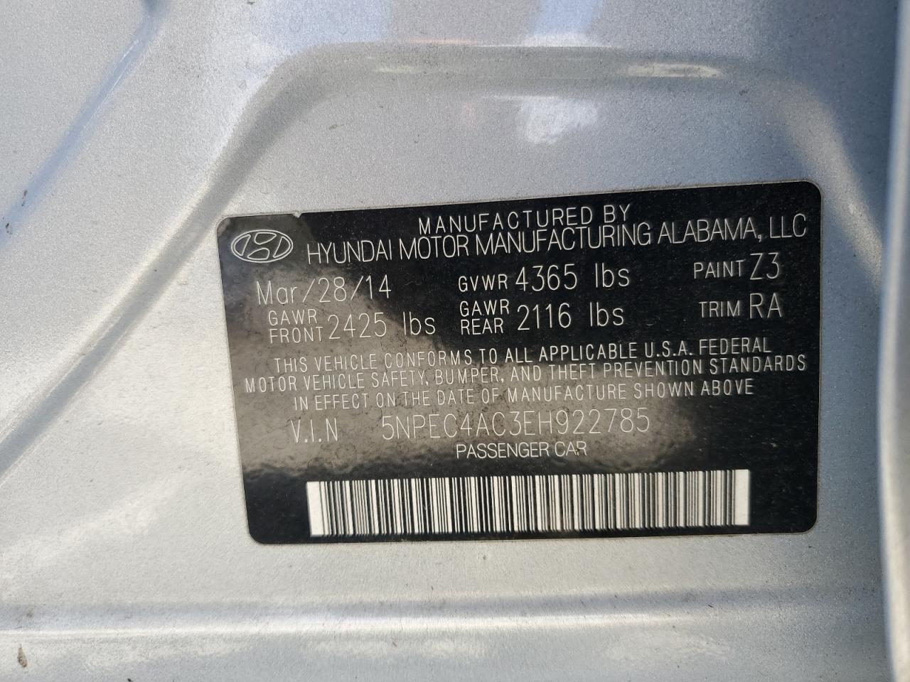 5NPEC4AC3EH922785 2014 Hyundai Sonata Se