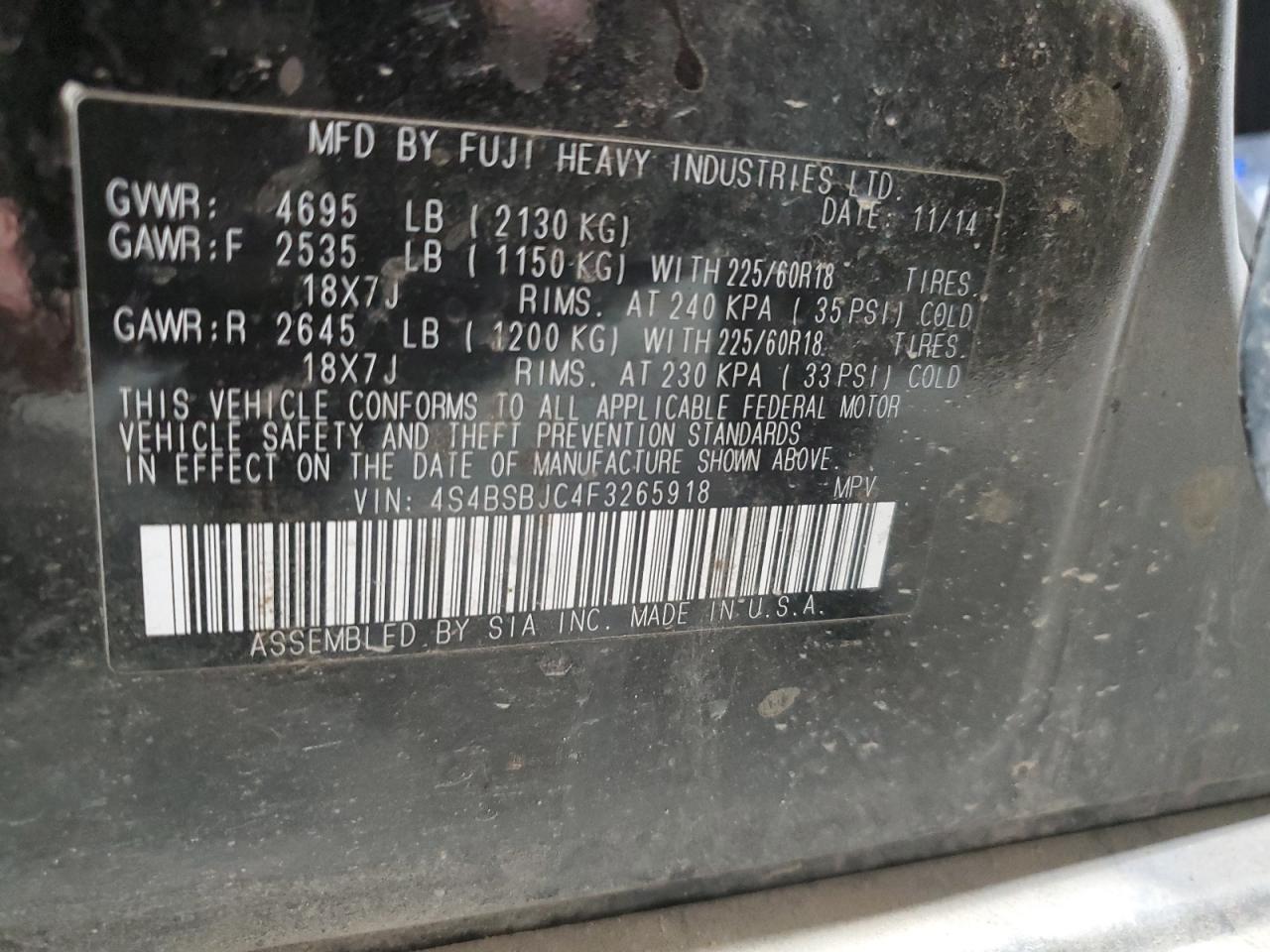 4S4BSBJC4F3265918 2015 Subaru Outback 2.5I Limited